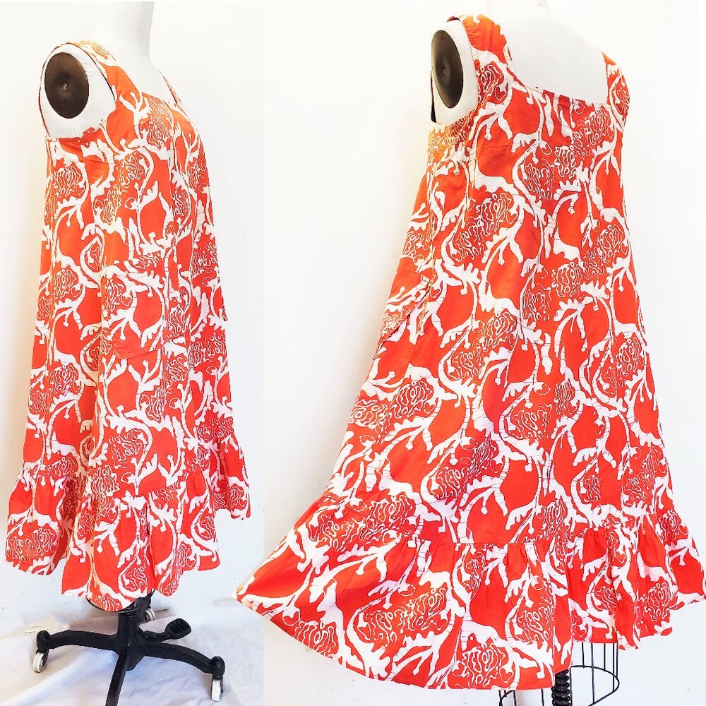 Tiki Togs Vintage Suva Fiji 60s Batik Print Orange Red A-line Dress Sleeveless